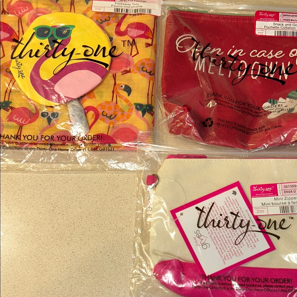 Thirty-One Flamingo Lot of 3 NEW Foldaway Tote Snack & Go Pouch & Mini Pouch